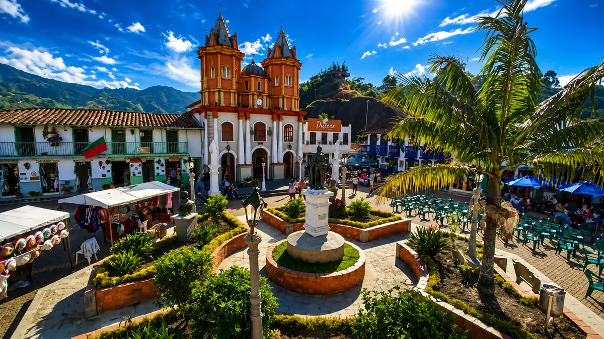 Réplica del Viejo Peñol junto al parque, palmeras y puestos de artesanías