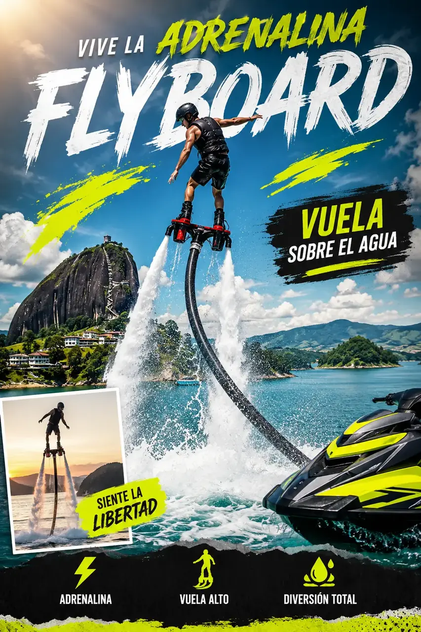 Publicidad de la experiencia de Flyboard en Guatapé