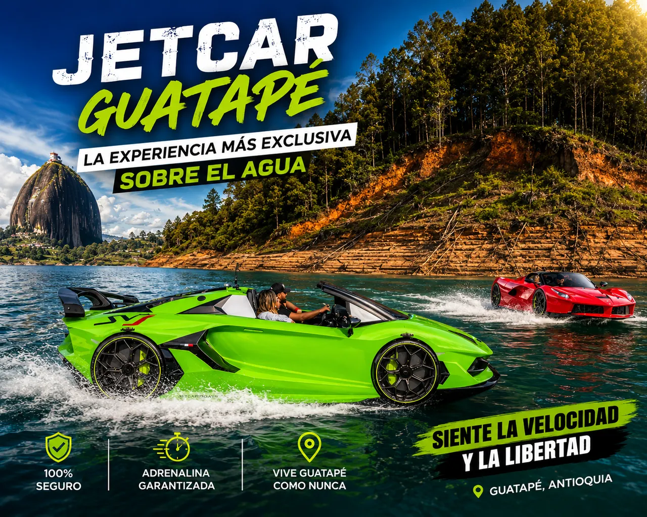 Publicidad de la experiencia JetCar en Guatapé