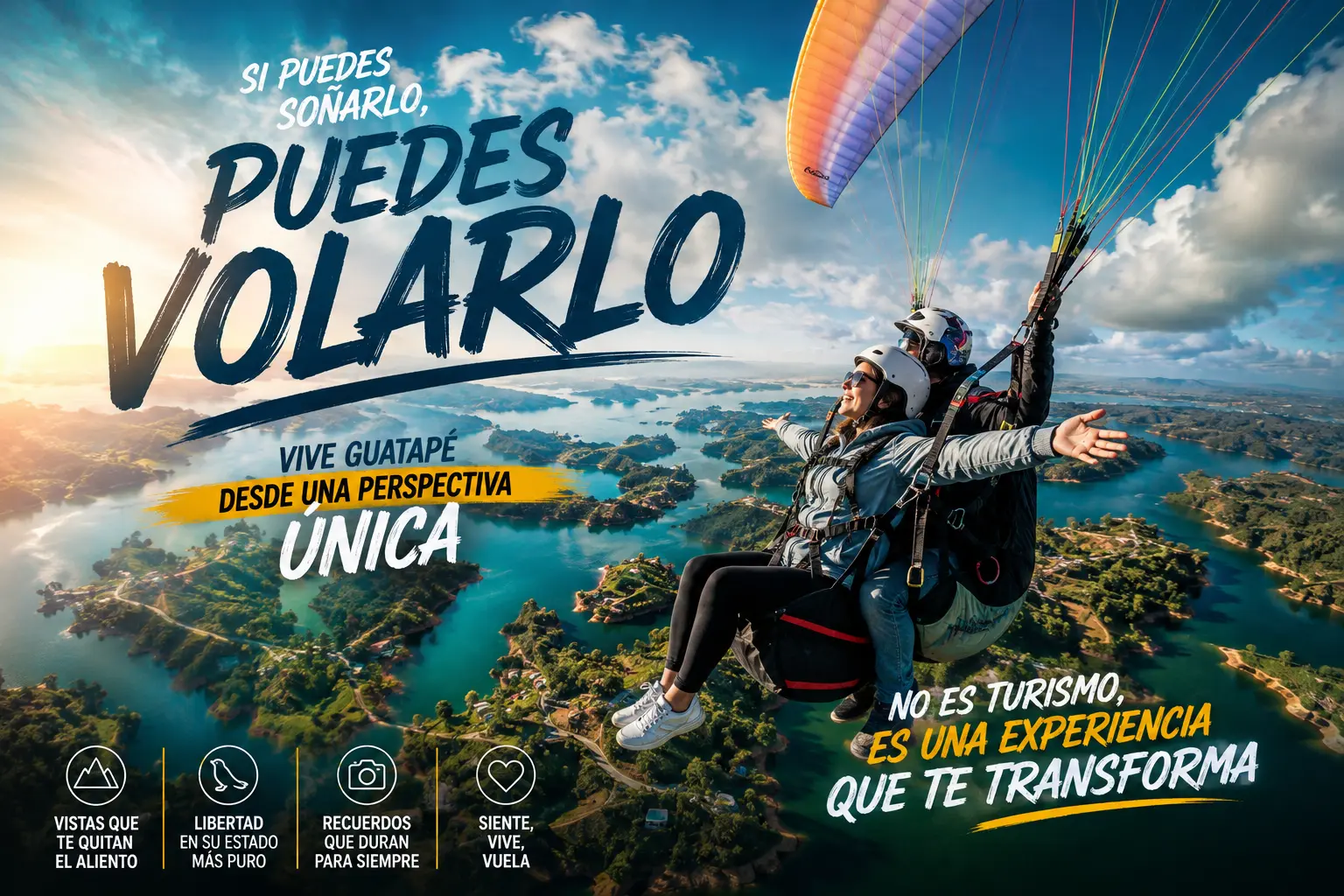 Publicidad de la experiencia de parapente sobre Guatapé